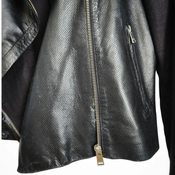 Lamarque Black Leather and Linen Jacket Draped Moto - Picture 5 of 6